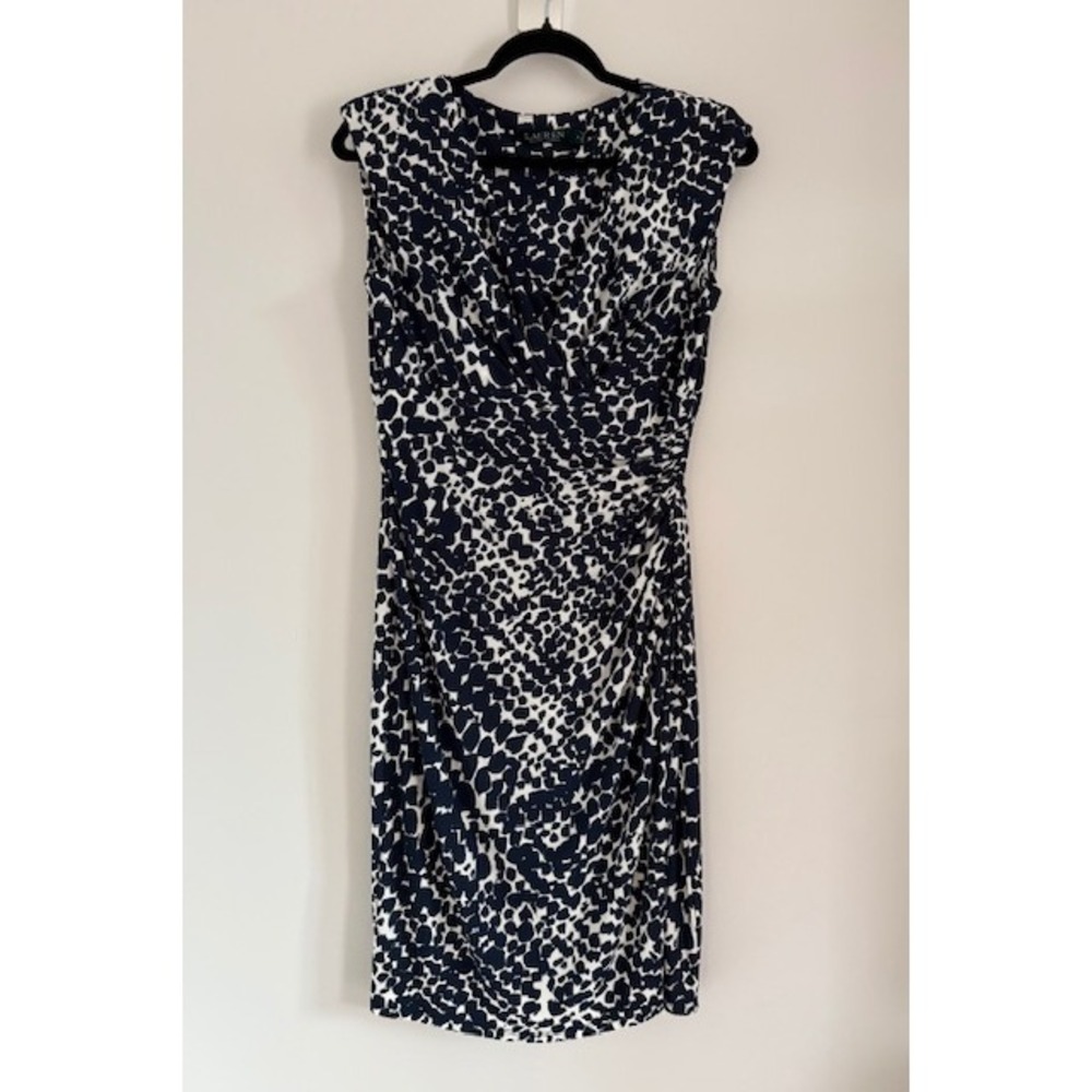Lauren Ralph Lauren Navy White Abstract Print Ruched Sheath Dress Womens 8